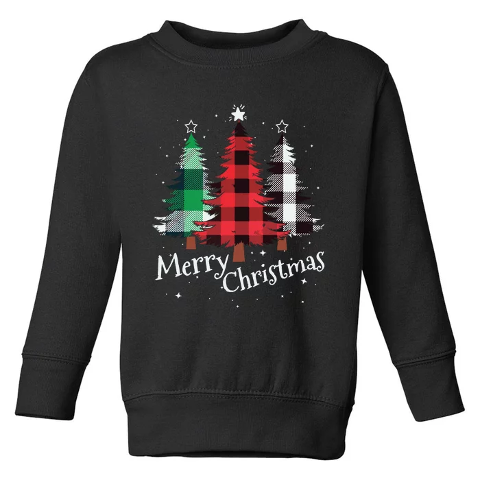 Merry Christmas Three Xmas Trees Buffalo Plaid Woman Gift Toddler Sweatshirt