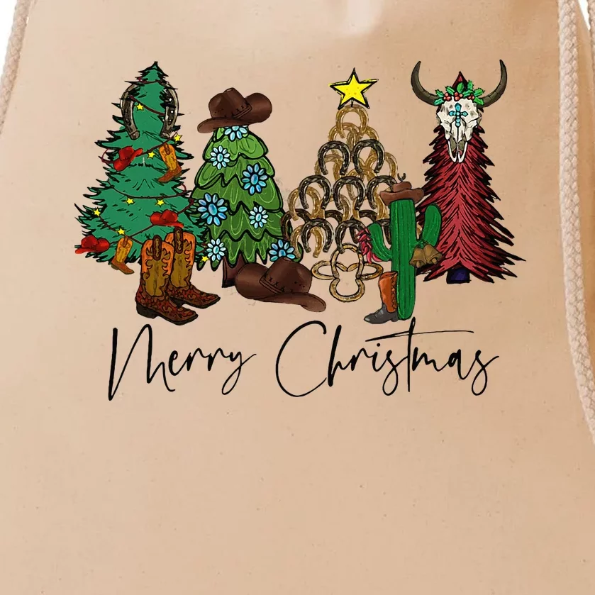 Merry Christmas Trees Western Cowboy Buffalo Drawstring Bag