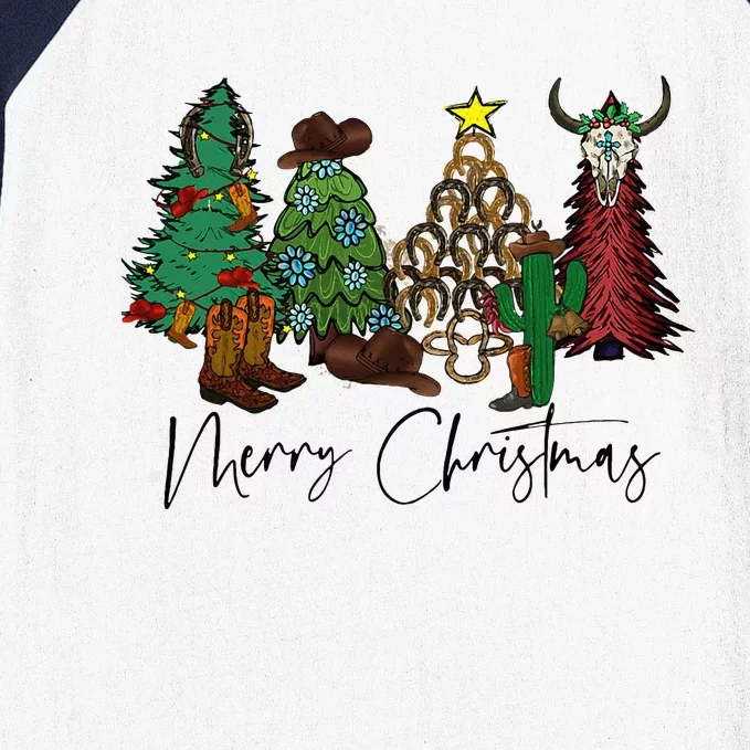 Merry Christmas Trees Western Cowboy Buffalo Baseball Sleeve Shirt