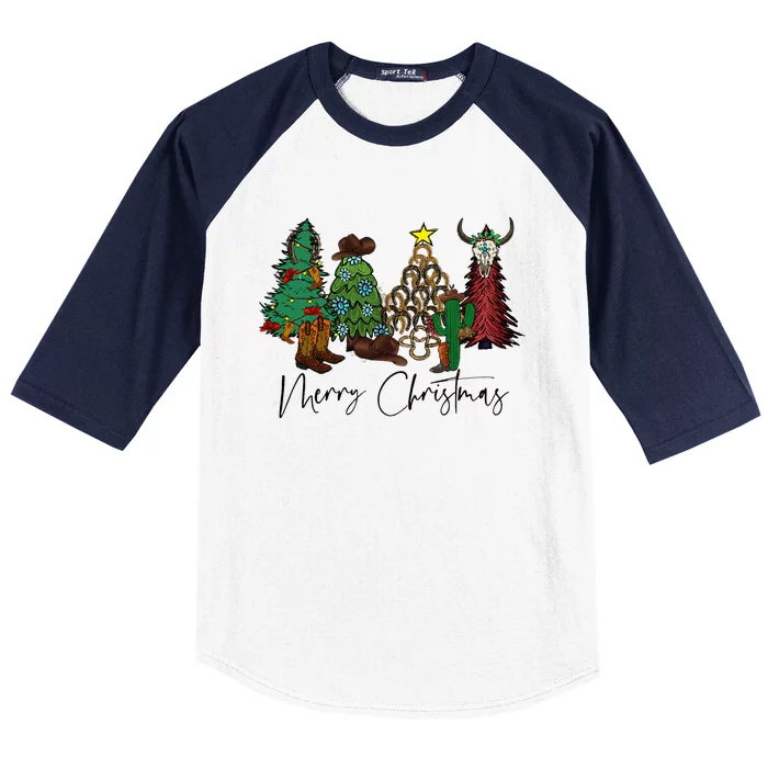 Merry Christmas Trees Western Cowboy Buffalo Baseball Sleeve Shirt