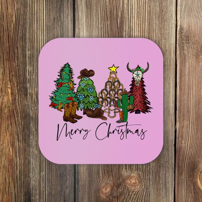 Merry Christmas Trees Western Cowboy Buffalo Coaster