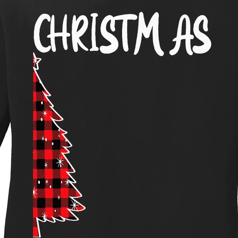 Merry Christmas Tree Buffalo Plaid Xmas Couples Matching Ladies Long Sleeve Shirt