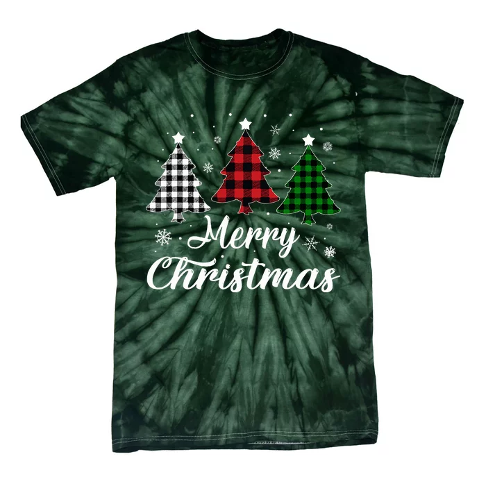 Merry Christmas Tree Xmas Buffalo Plaid Red White Green Tie-Dye T-Shirt