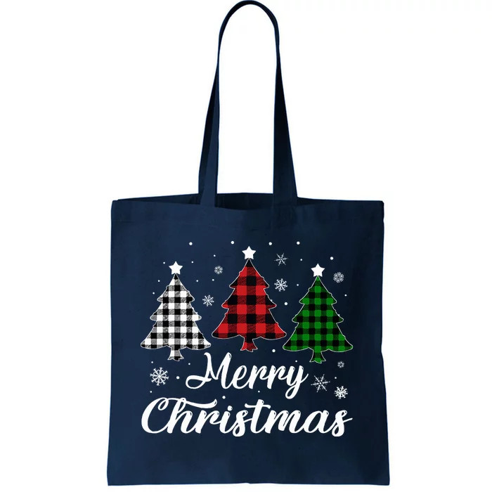 Merry Christmas Tree Xmas Buffalo Plaid Red White Green Tote Bag