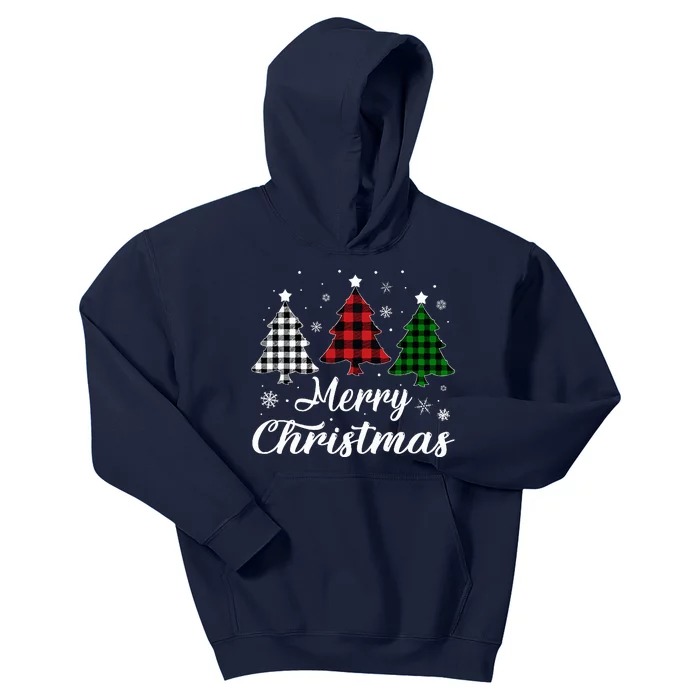 Merry Christmas Tree Xmas Buffalo Plaid Red White Green Kids Hoodie