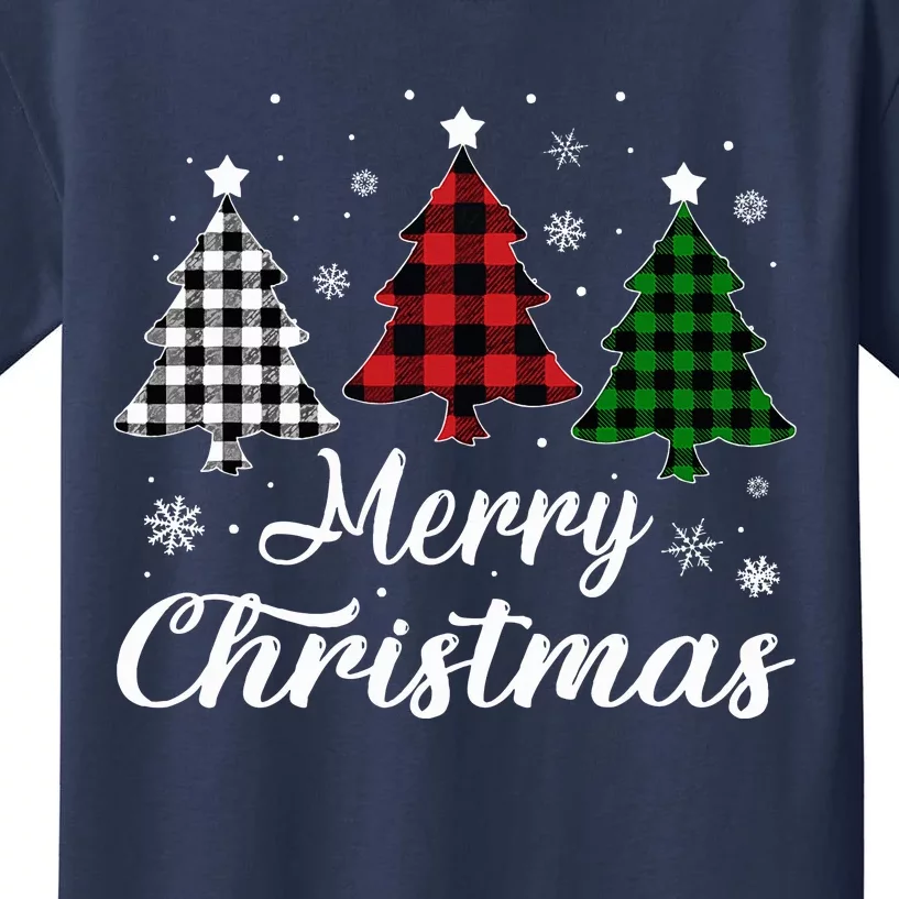 Merry Christmas Tree Xmas Buffalo Plaid Red White Green Kids T-Shirt