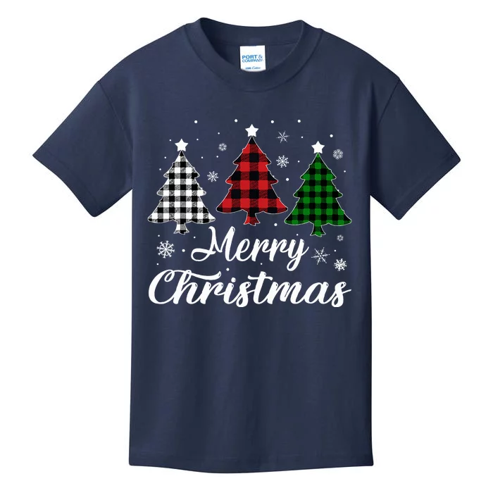 Merry Christmas Tree Xmas Buffalo Plaid Red White Green Kids T-Shirt