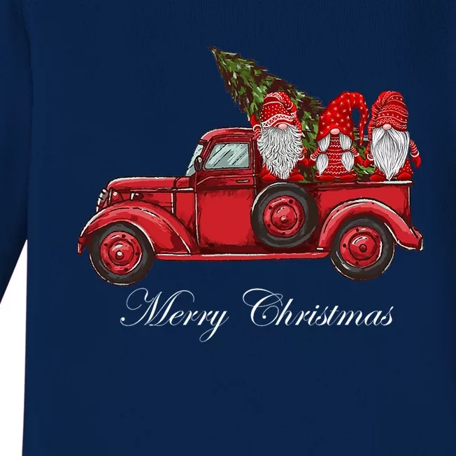 Merry Christmas Three Gnomes In Red Truck With Tree Xmas Gift Baby Long Sleeve Bodysuit