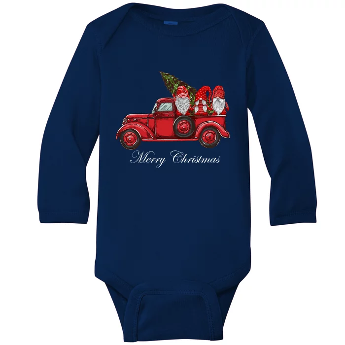 Merry Christmas Three Gnomes In Red Truck With Tree Xmas Gift Baby Long Sleeve Bodysuit