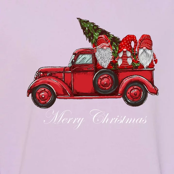 Merry Christmas Three Gnomes In Red Truck With Tree Xmas Gift Garment-Dyed Sweatshirt