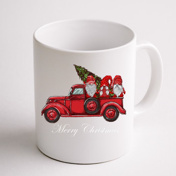 Merry Christmas Three Gnomes In Red Truck With Tree Xmas Gift Front & Back Coffee Mug