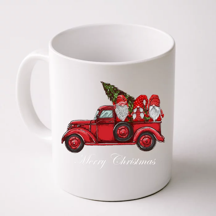 Merry Christmas Three Gnomes In Red Truck With Tree Xmas Gift Front & Back Coffee Mug