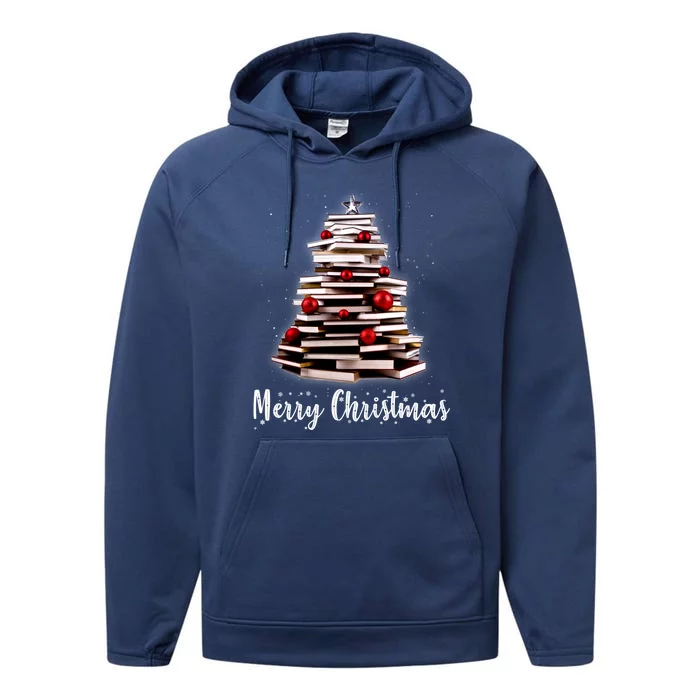 Merry Christmas Tree Love Reading Books Librarian Nerd Cool Gift Performance Fleece Hoodie