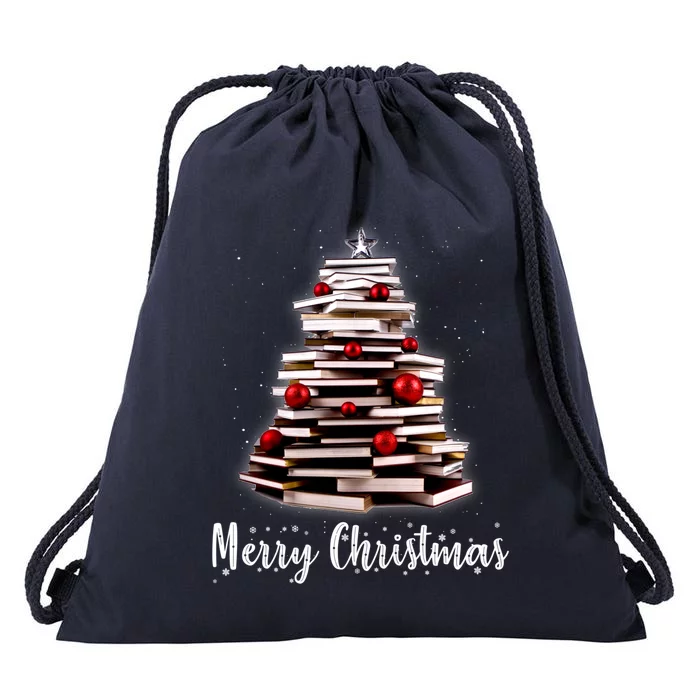 Merry Christmas Tree Love Reading Books Librarian Nerd Cool Gift Drawstring Bag