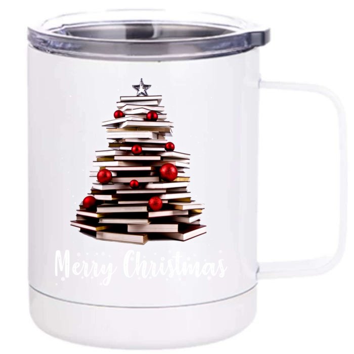 Merry Christmas Tree Love Reading Books Librarian Nerd Cool Gift Front & Back 12oz Stainless Steel Tumbler Cup