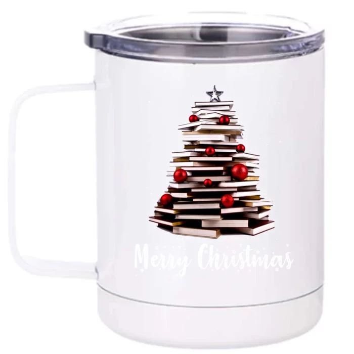 Merry Christmas Tree Love Reading Books Librarian Nerd Cool Gift Front & Back 12oz Stainless Steel Tumbler Cup