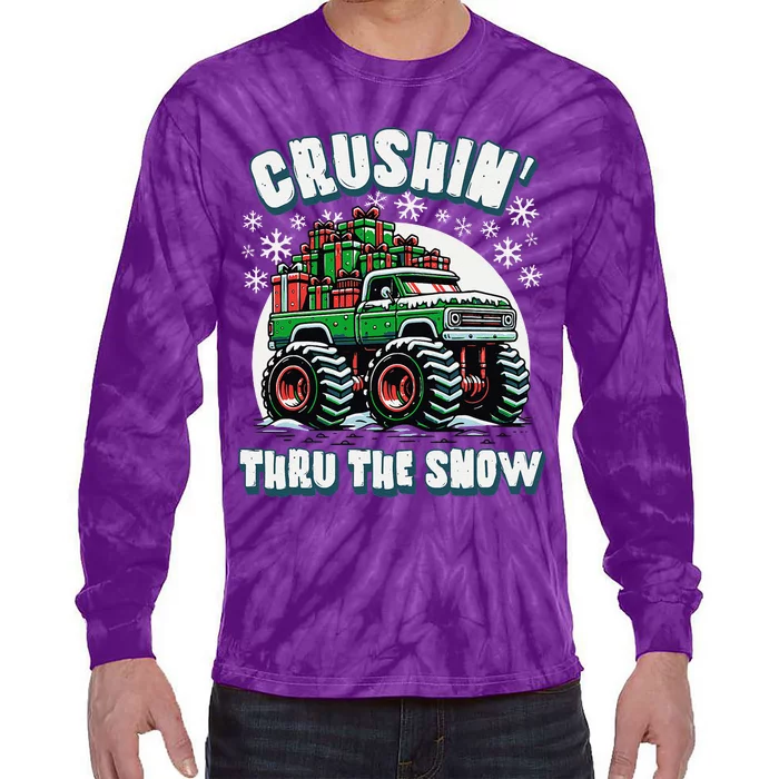 Monster Christmas Truck Crushin Thru The Snow Design Tie-Dye Long Sleeve Shirt