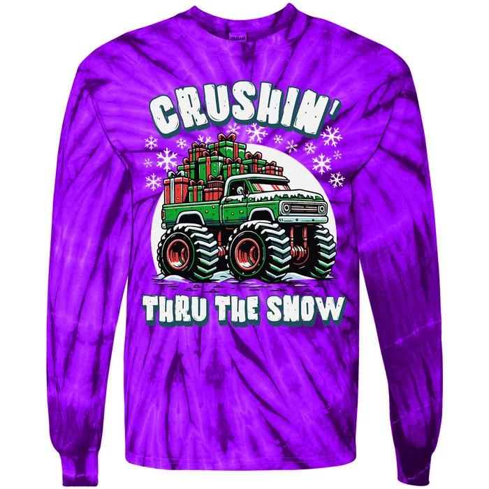 Monster Christmas Truck Crushin Thru The Snow Design Tie-Dye Long Sleeve Shirt