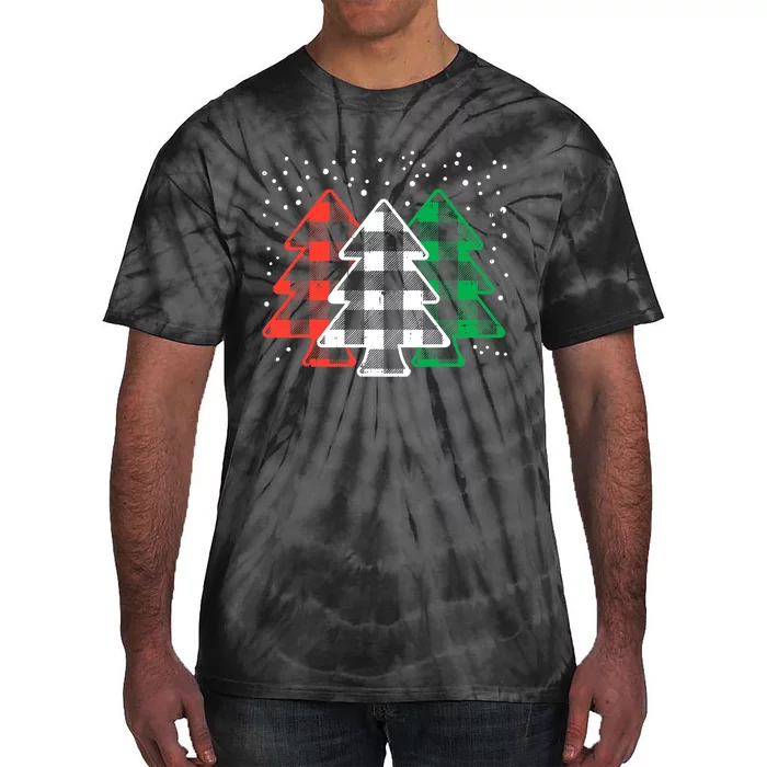 Merry Christmas Tree Buffalo Plaid Red White Green Xmas Tie-Dye T-Shirt