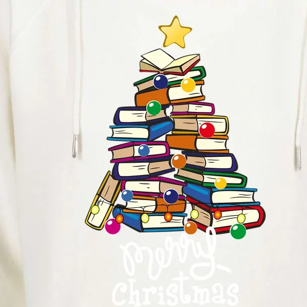 Merry Christmas Tree Teachers Love Reading Books Librarian Gift Womens Funnel Neck Pullover Hood