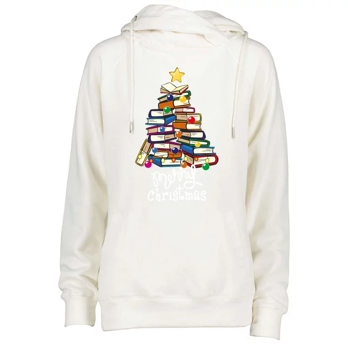 Merry Christmas Tree Teachers Love Reading Books Librarian Gift Womens Funnel Neck Pullover Hood