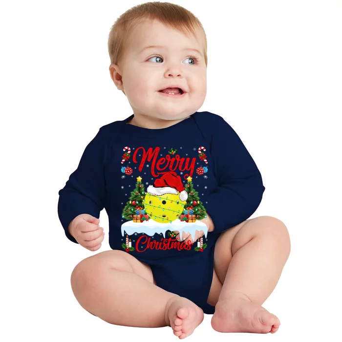 Merry Christmas Tree Pickleball Ugly Sweater Pickleball Xmas Gift Baby Long Sleeve Bodysuit