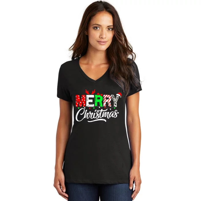 Merry Christmas Tree Buffalo Plaid Red White Green Cute Xmas Women's V-Neck T-Shirt