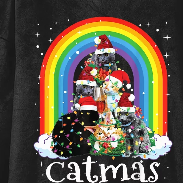 Merry Catmas Tree Christmas Lights Funny Xmas Cat Tree Hooded Wearable Blanket