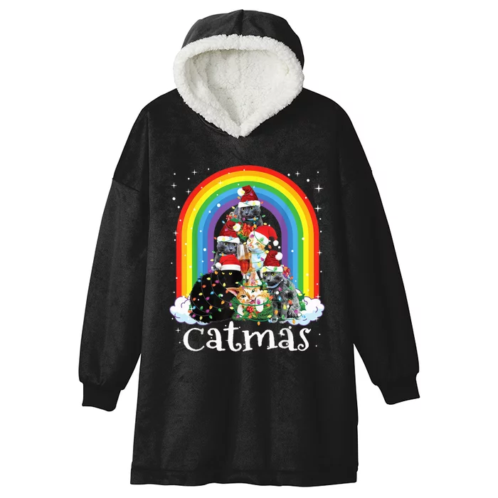 Merry Catmas Tree Christmas Lights Funny Xmas Cat Tree Hooded Wearable Blanket