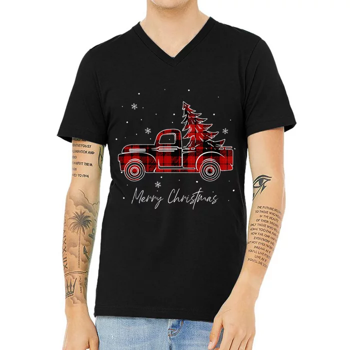 Merry Christmas Tree Buffalo Plaid Red Truck family matching V-Neck T-Shirt