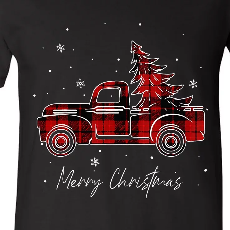 Merry Christmas Tree Buffalo Plaid Red Truck family matching V-Neck T-Shirt