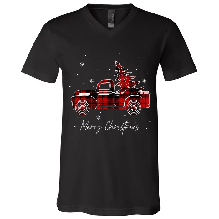 Merry Christmas Tree Buffalo Plaid Red Truck family matching V-Neck T-Shirt