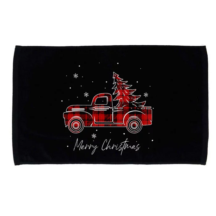 Merry Christmas Tree Buffalo Plaid Red Truck family matching Microfiber Hand Towel