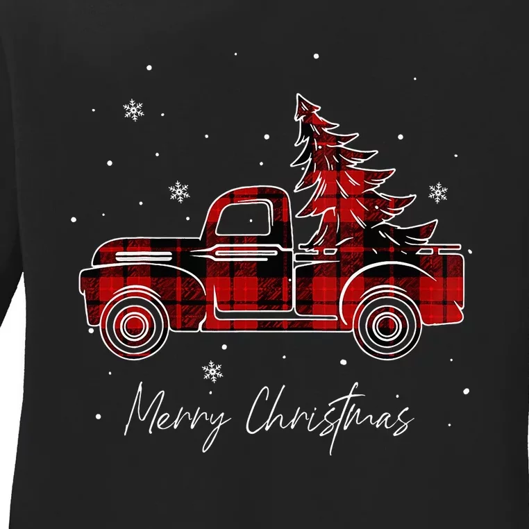 Merry Christmas Tree Buffalo Plaid Red Truck family matching Ladies Long Sleeve Shirt