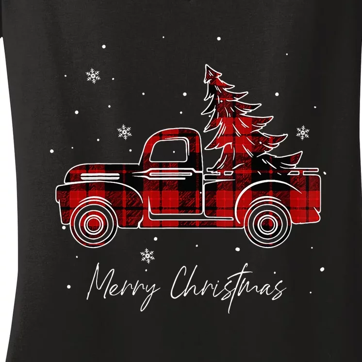 Merry Christmas Tree Buffalo Plaid Red Truck family matching Women's V-Neck T-Shirt