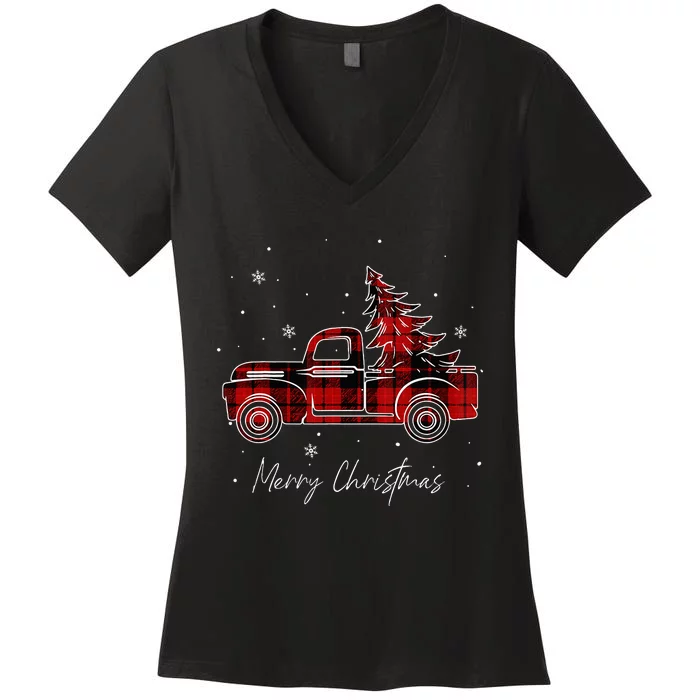 Merry Christmas Tree Buffalo Plaid Red Truck family matching Women's V-Neck T-Shirt