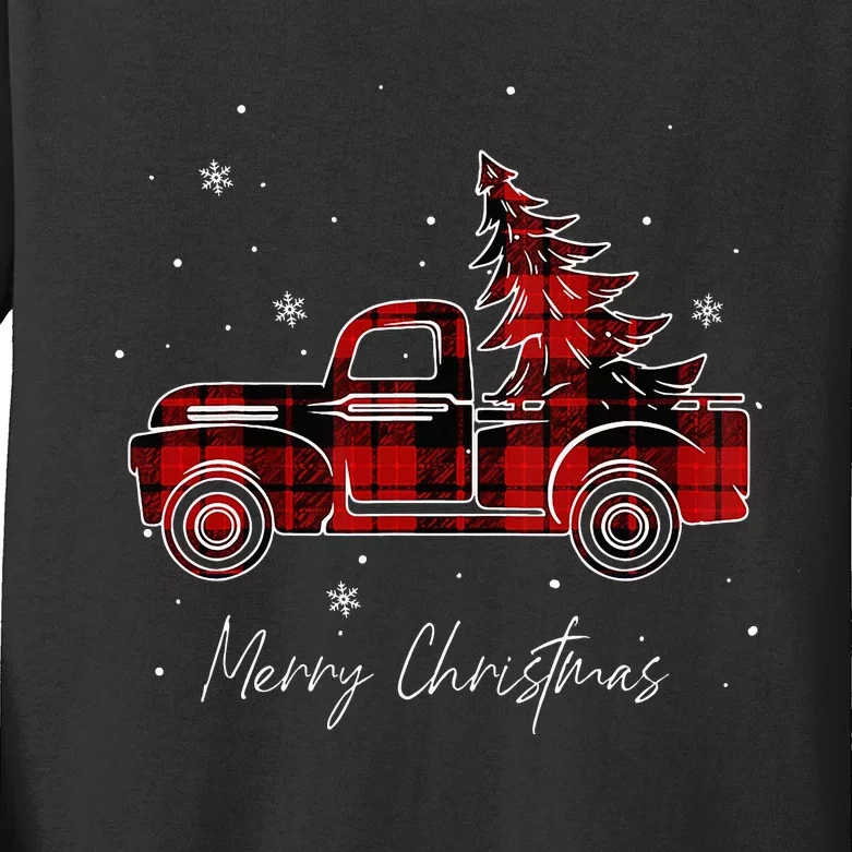 Merry Christmas Tree Buffalo Plaid Red Truck family matching Kids Long Sleeve Shirt