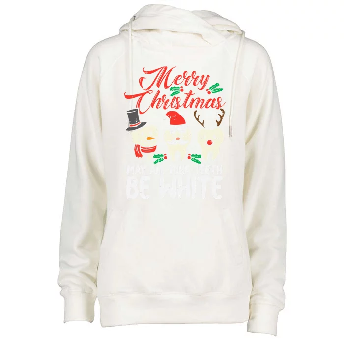 Merry Christmas Teeth Be White Funny Dentist Xmas Dental Gift Womens Funnel Neck Pullover Hood