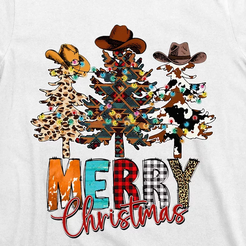 Merry Christmas Trees Western Cowboy Buffalo Plaid Leopard T-Shirt