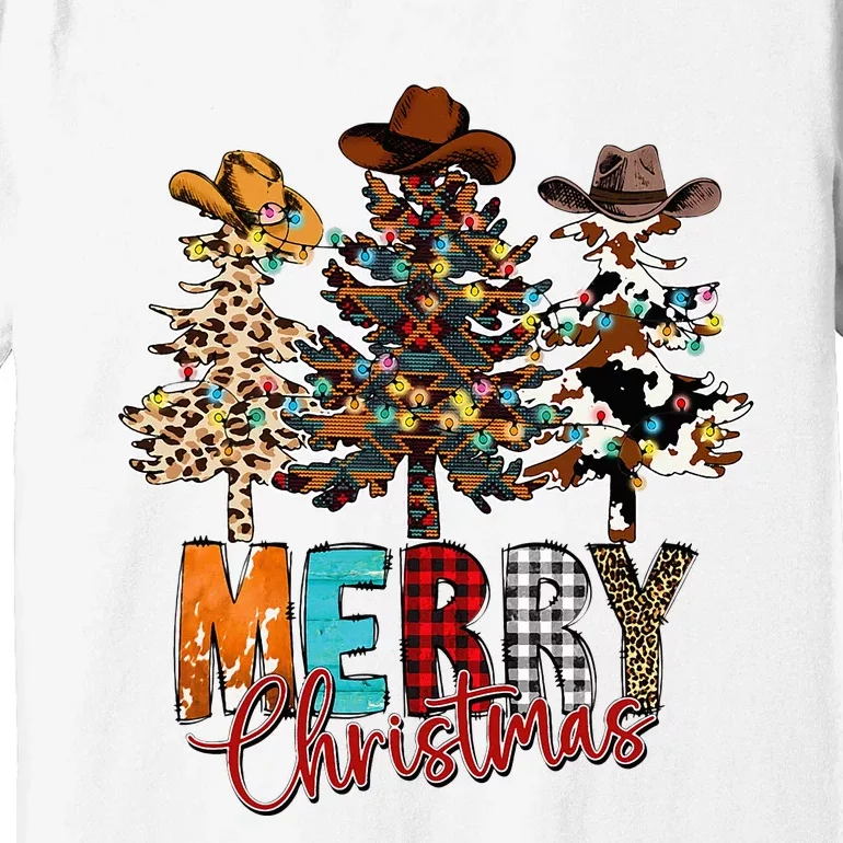 Merry Christmas Trees Western Cowboy Buffalo Plaid Leopard Premium T-Shirt