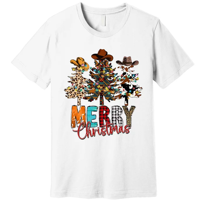 Merry Christmas Trees Western Cowboy Buffalo Plaid Leopard Premium T-Shirt