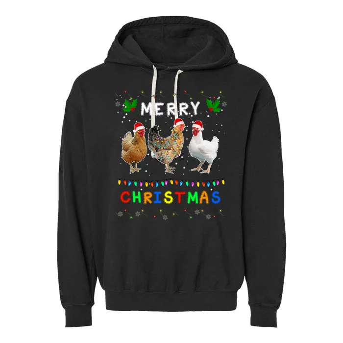 Merry Christmas Three Chickens Lights Funny Garment-Dyed Fleece Hoodie