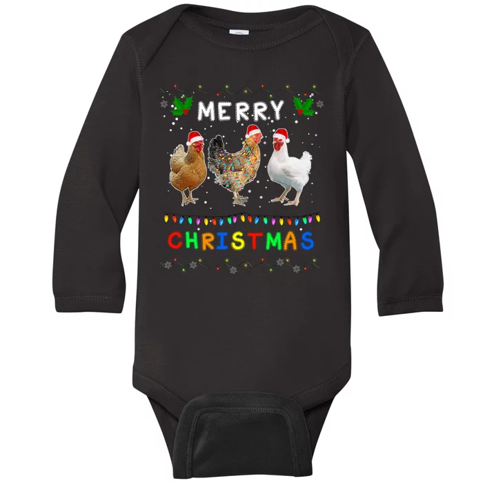 Merry Christmas Three Chickens Lights Funny Baby Long Sleeve Bodysuit