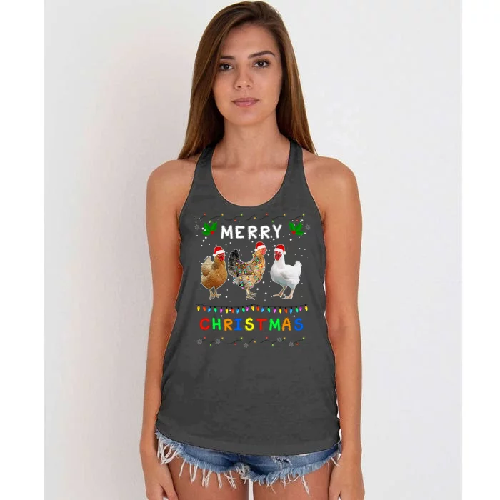 Merry Christmas Three Chickens Lights Funny Women's Knotted Racerback Tank