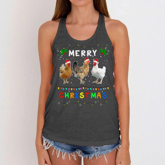 Merry Christmas Three Chickens Lights Funny Women's Knotted Racerback Tank