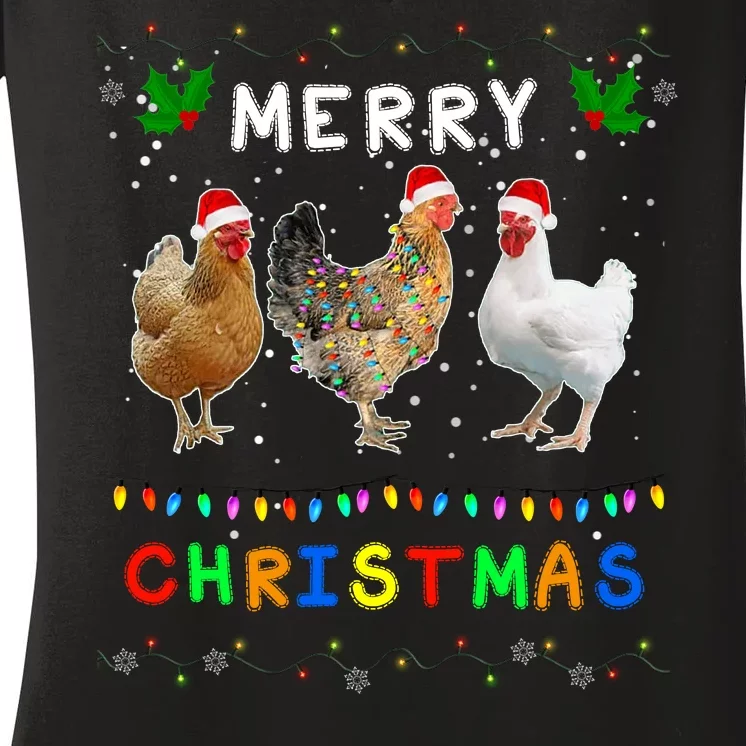 Merry Christmas Three Chickens Lights Funny Women's V-Neck T-Shirt