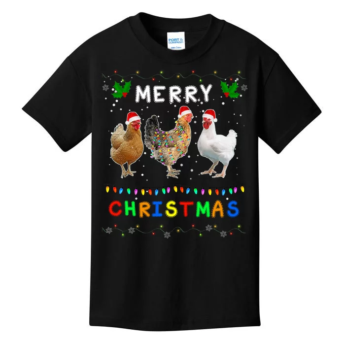 Merry Christmas Three Chickens Lights Funny Kids T-Shirt