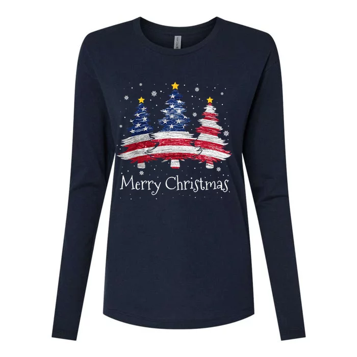 Merry Christmas Tree American Flag Family Christmas Pajama Womens Cotton Relaxed Long Sleeve T-Shirt