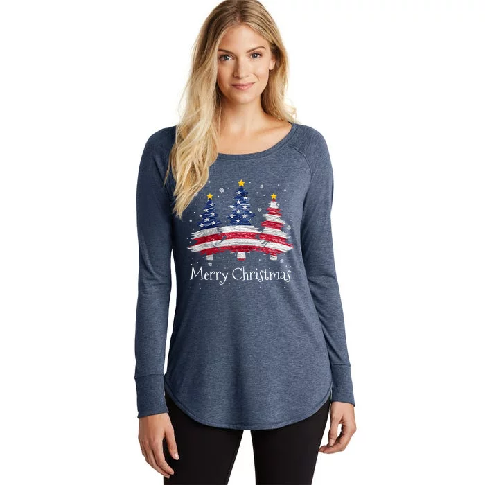 Merry Christmas Tree American Flag Family Christmas Pajama Women's Perfect Tri Tunic Long Sleeve Shirt