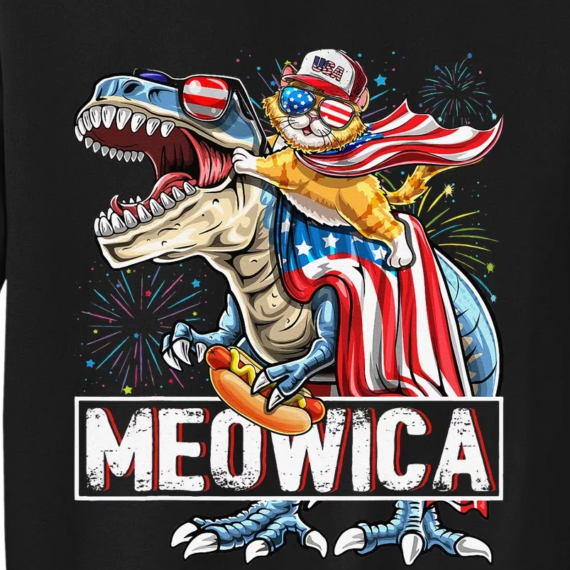 Meowica Cat T Rex Dinosaur 4th of July American Flag Tall Sweatshirt